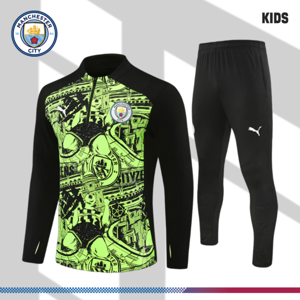 2024/2025 Manchester City Fluorescent Green Kids Half Zip Training Clothes (Kids Kit)